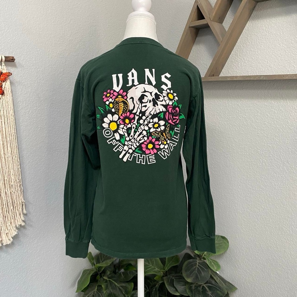 VANS GREEN LONG SLEEVE FLORAL SKULLS SPELL OUT GRAPHIC SHIRT CLASSIC FIT